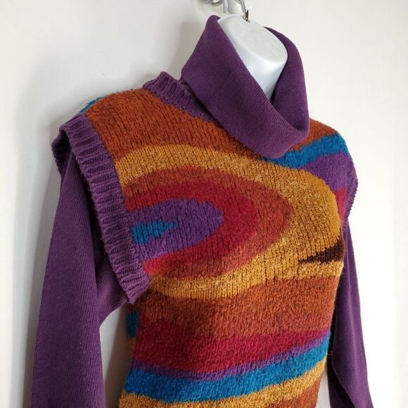Vintage70s Mariea Kim Turtle Neck Sweater S Abstract Geometric Stripe Purple - Picture 2 of 4